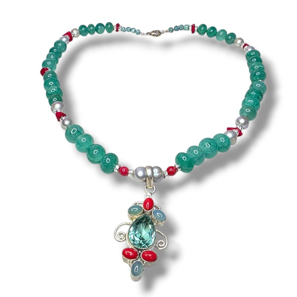 Emerald Stone Pearl Chalcedony Necklace Sterling‎ Silver 925 Stamped Beaded New